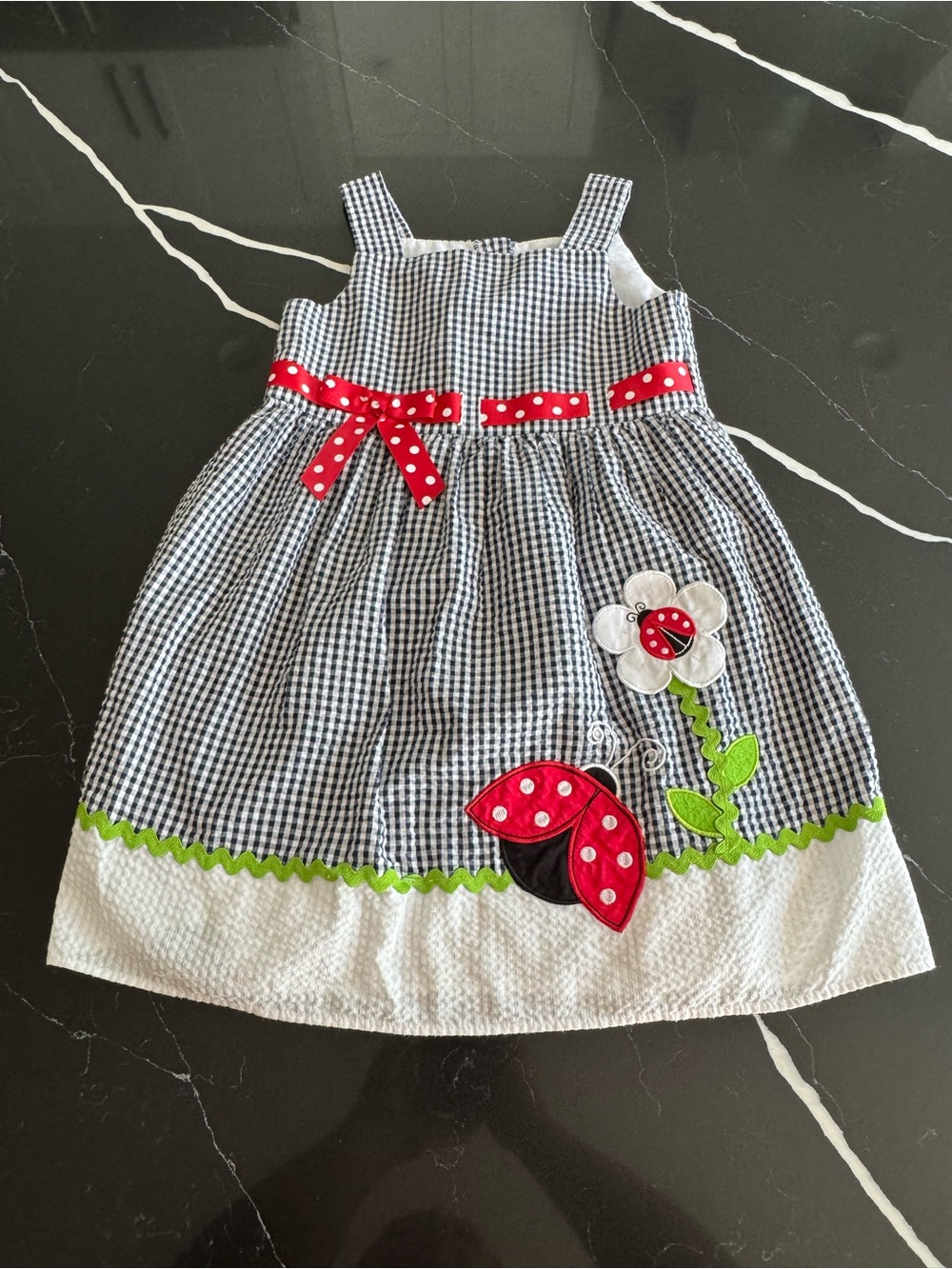 Rare Editions Navy Gingham Dress with Red Polka Dot Accents